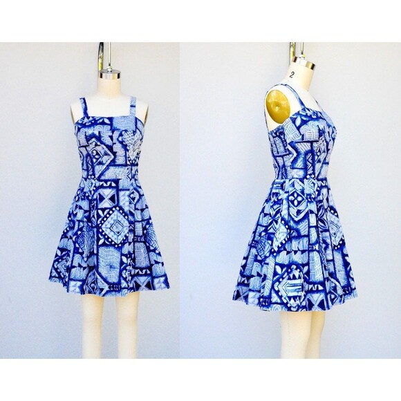 Hawaiian Dress 50s Mini Full Skirt Dress - Tropical Tiki Pin Up Rockabilly XS S